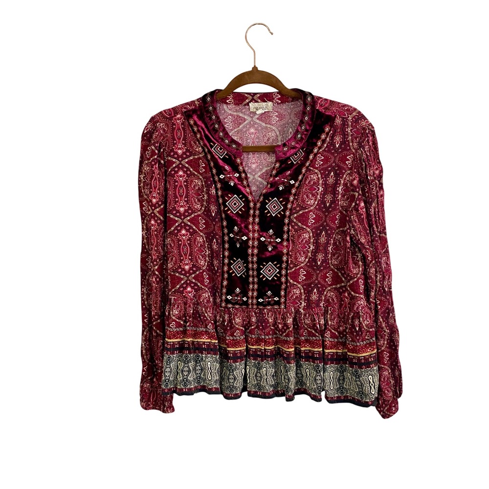 One World Whimsigoth Velvet Embroidered Paisley Blouse Shimmer‎ Peplum Medium